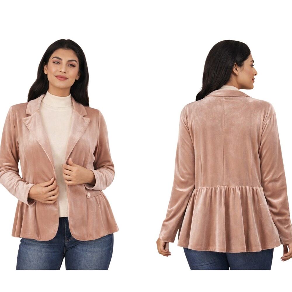 eShakti Blush Pink Velvet Peplum Blazer Women’s 3X 26W Soft Stretch Jacket EUC